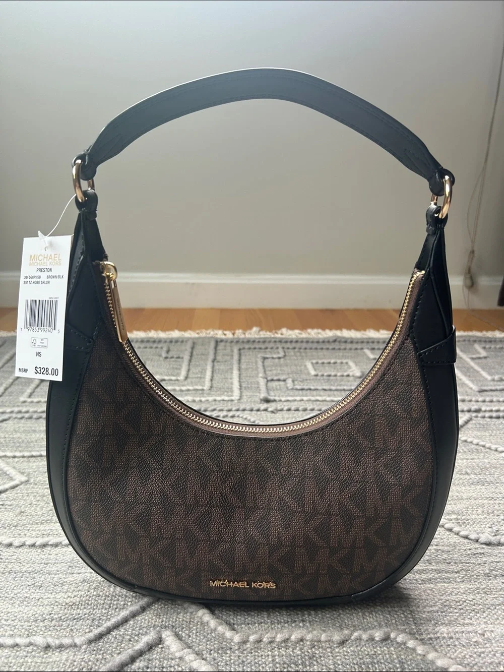 Michael Kors Preston Small Hobo Crescent Shoulder Bag in Brown MK Coated Canvas